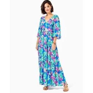 Lilly Pulitzer Rease Maxi Dress Pundy Blue Floral V-Neck Butterfly Sz‎ 4